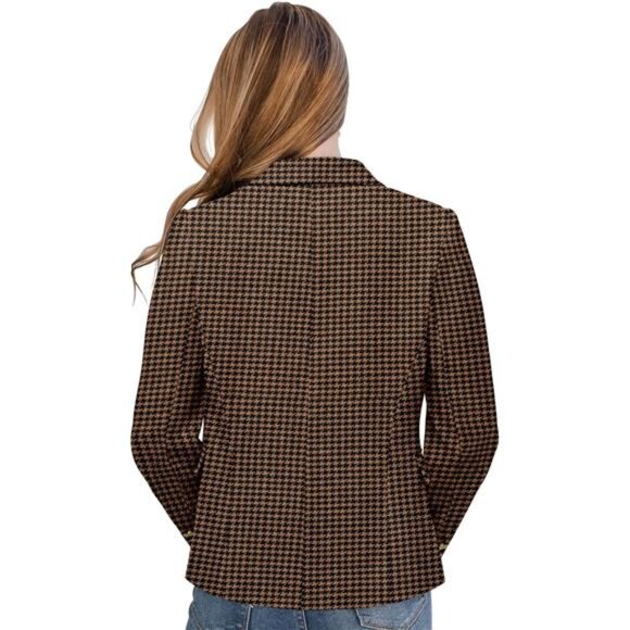 Womens Blazer Jacket Gold Button Plaid Brown - Picture 3 of 4